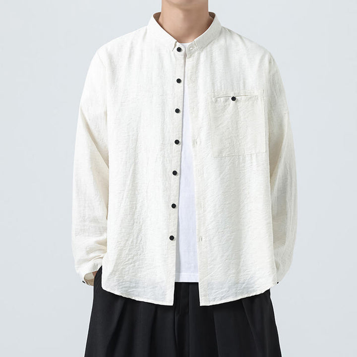 Buddha Stonesヴィンテージ 無地 ボタンダウン スタンドカラー 長袖 メンズ コットンシャツ - 白 - US/UK/AU48、 EU58(5XL) - image 1