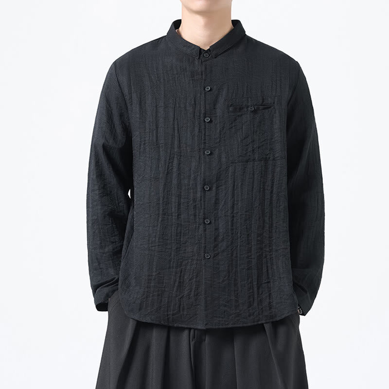 Buddha Stonesヴィンテージ 無地 ボタンダウン スタンドカラー 長袖 メンズ コットンシャツ - 黒 - US/UK/AU48、 EU58(5XL) - image 9