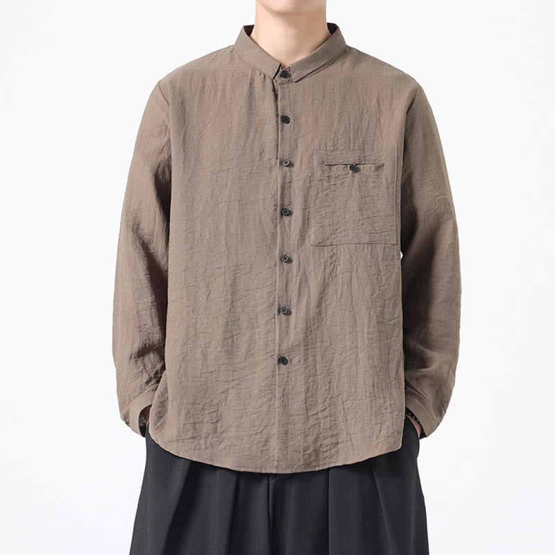 Buddha Stonesヴィンテージ 無地 ボタンダウン スタンドカラー 長袖 メンズ コットンシャツ - タン - US/UK/AU48、 EU58(5XL) - image 16