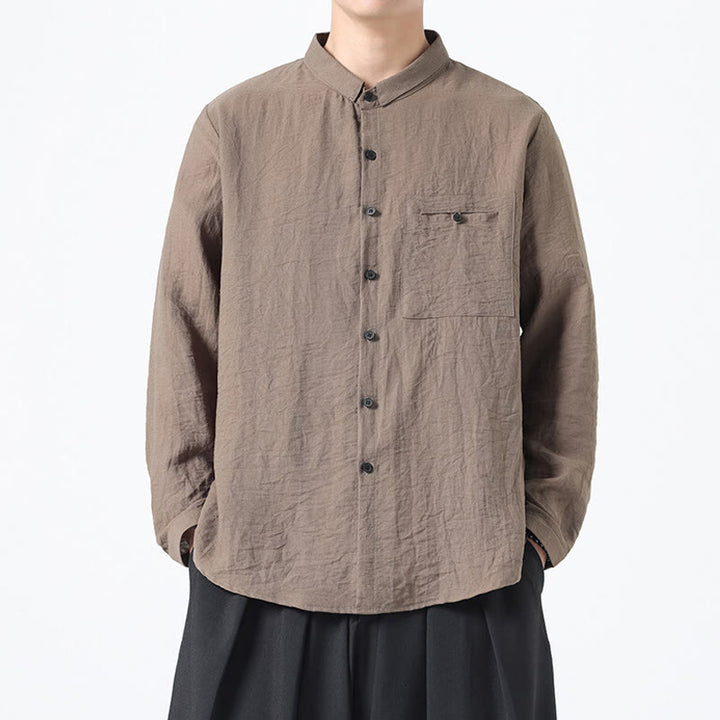 Buddha Stonesヴィンテージ 無地 ボタンダウン スタンドカラー 長袖 メンズ コットンシャツ - タン - US/UK/AU48、 EU58(5XL) - image 15
