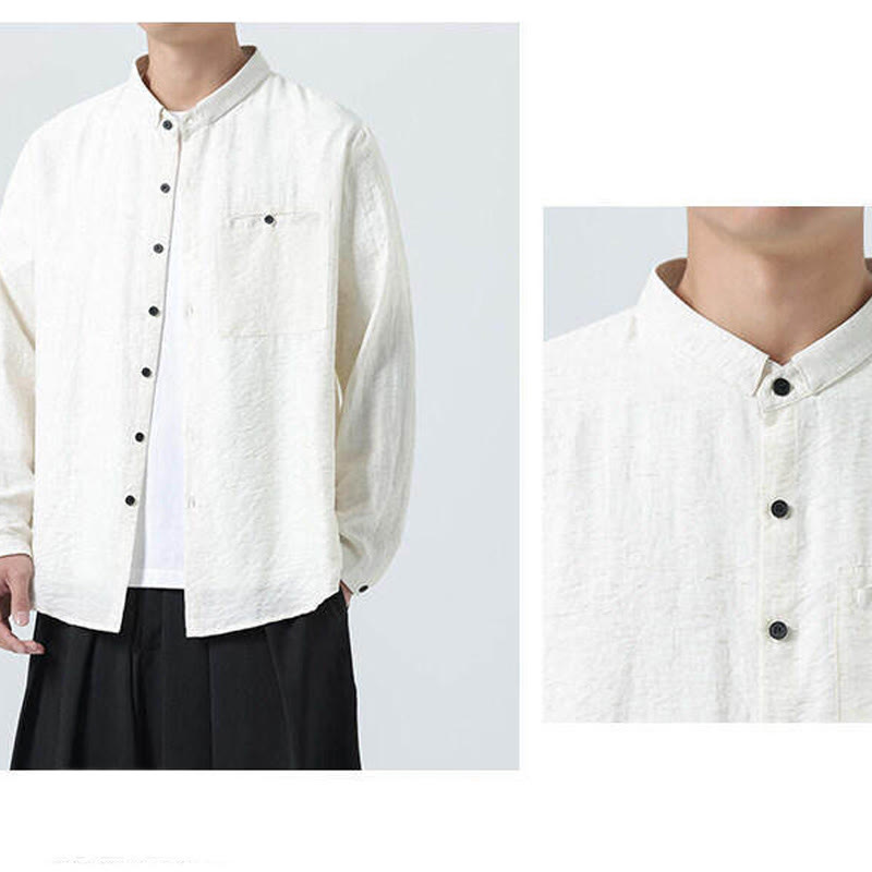 Buddha Stonesヴィンテージ 無地 ボタンダウン スタンドカラー 長袖 メンズ コットンシャツ - image 8