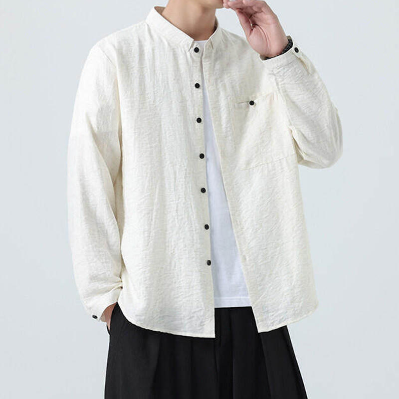 Buddha Stonesヴィンテージ 無地 ボタンダウン スタンドカラー 長袖 メンズ コットンシャツ - image 1