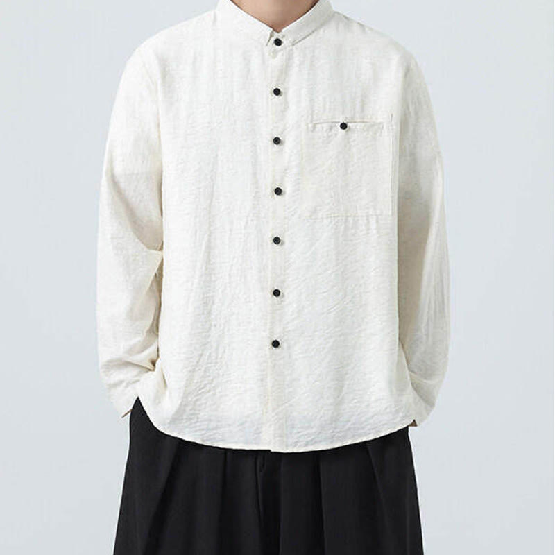 Buddha Stonesヴィンテージ 無地 ボタンダウン スタンドカラー 長袖 メンズ コットンシャツ - image 6