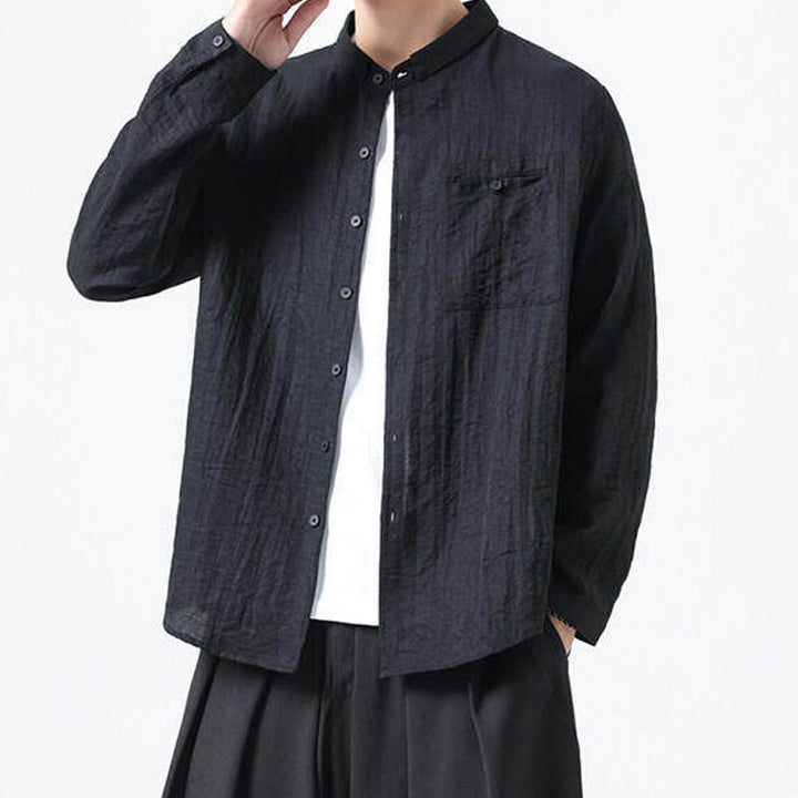 Buddha Stonesヴィンテージ 無地 ボタンダウン スタンドカラー 長袖 メンズ コットンシャツ - image 12