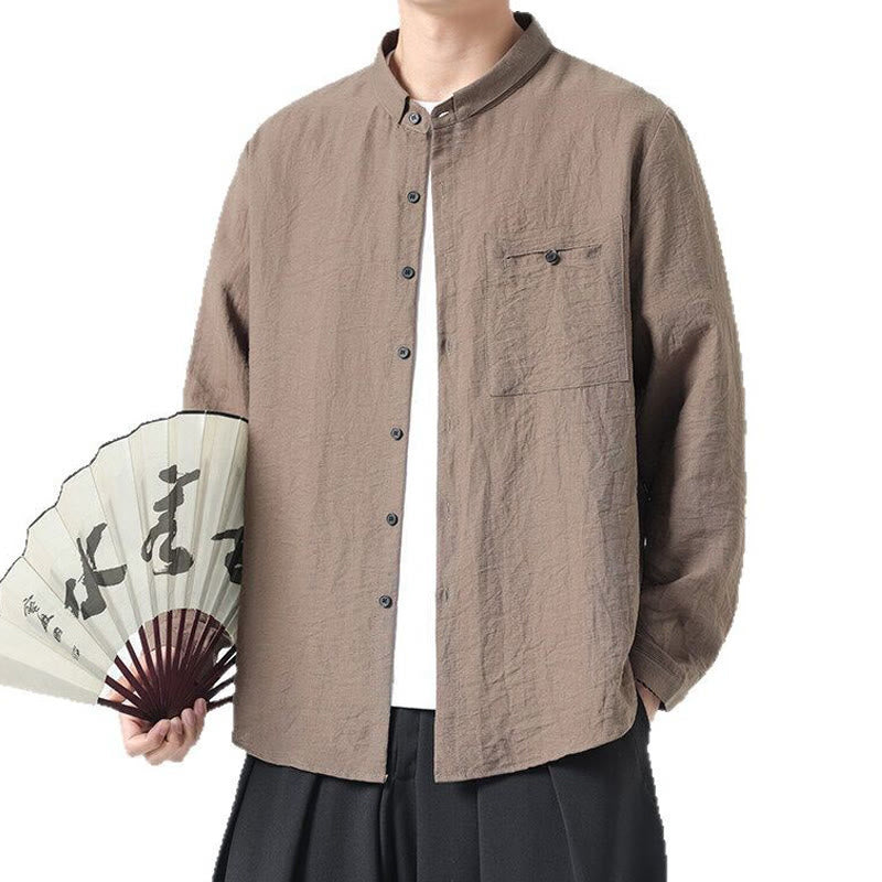 Buddha Stonesヴィンテージ 無地 ボタンダウン スタンドカラー 長袖 メンズ コットンシャツ - image 17