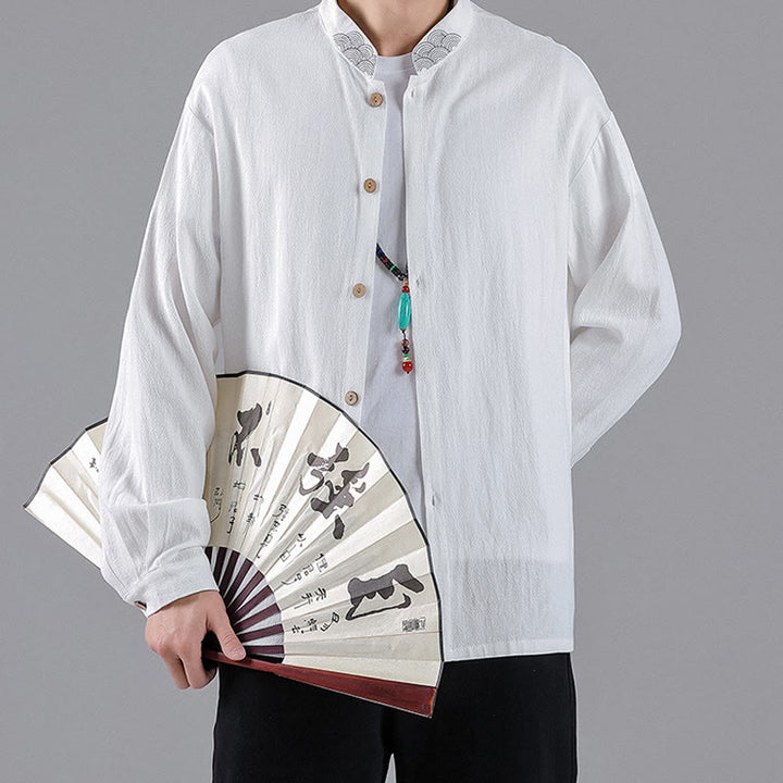 Buddha Stones刺繍入り吉兆雲スタンドカラーボタンダウン長袖メンズコットンシャツ - image 8