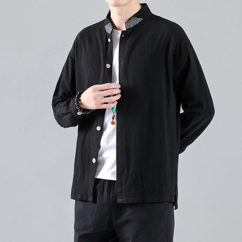 Buddha Stones刺繍入り吉兆雲スタンドカラーボタンダウン長袖メンズコットンシャツ - 黒 - US/UK/AU46、 EU56 (5XL) - image 1