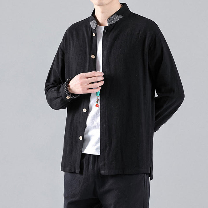 Buddha Stones刺繍入り吉兆雲スタンドカラーボタンダウン長袖メンズコットンシャツ - 黒 - US/UK/AU46、 EU56 (5XL) - image 1