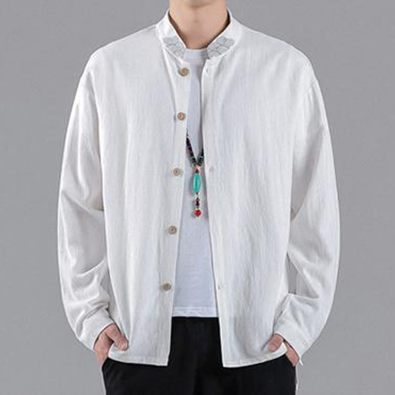 Buddha Stones刺繍入り吉兆雲スタンドカラーボタンダウン長袖メンズコットンシャツ - 白 - US/UK/AU46、 EU56 (5XL) - image 7