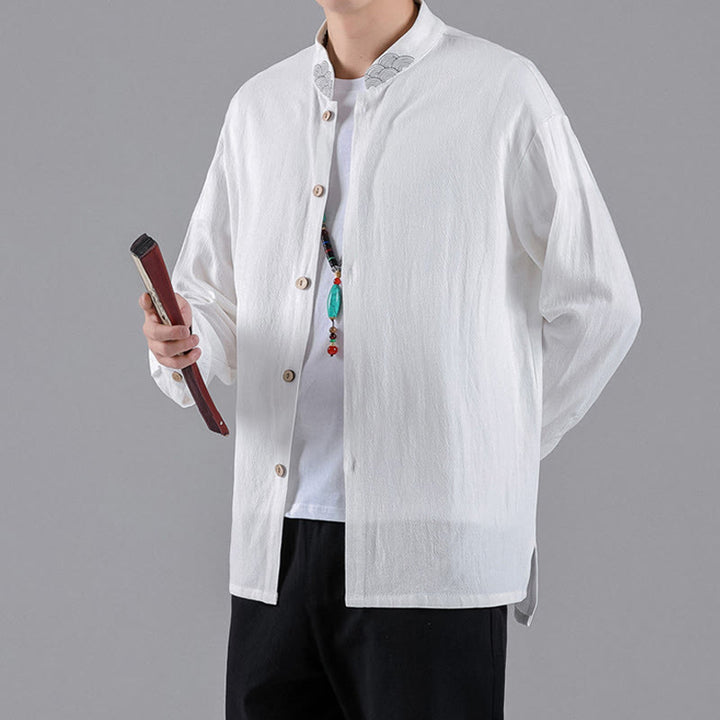 Buddha Stones刺繍入り吉兆雲スタンドカラーボタンダウン長袖メンズコットンシャツ - image 14