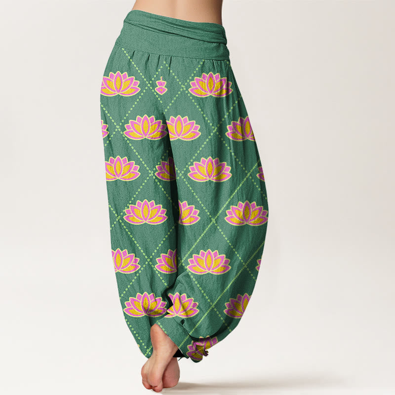 Buddha Stonesカジュアル 鮮やかな蓮の花柄 レディース 伸縮性ウエスト ハーレムパンツ - image 3