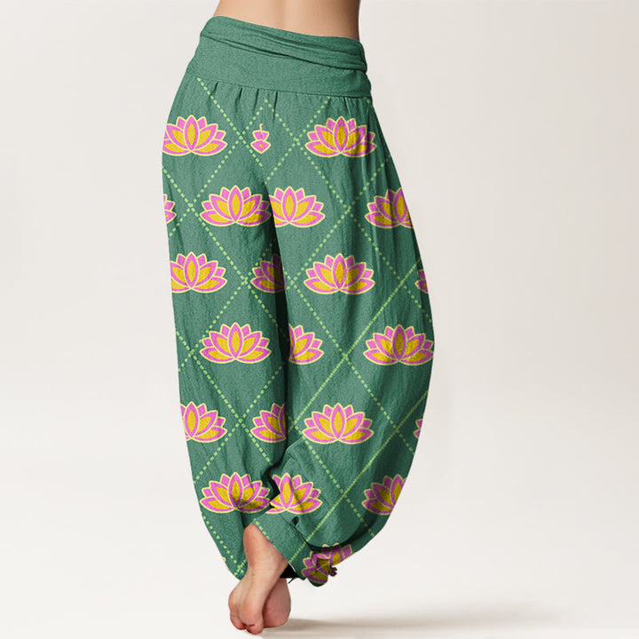 Buddha Stonesカジュアル 鮮やかな蓮の花柄 レディース 伸縮性ウエスト ハーレムパンツ - image 3