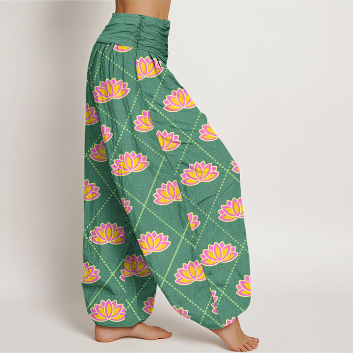 Buddha Stonesカジュアル 鮮やかな蓮の花柄 レディース 伸縮性ウエスト ハーレムパンツ - image 2