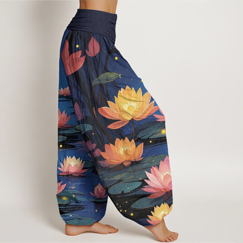 Buddha Stonesカジュアルで平和な夜の蓮柄レディース伸縮性ウエストハーレムパンツ - image 2