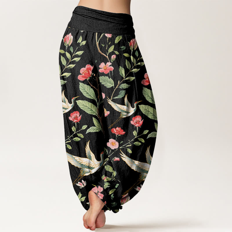 Buddha Stonesカジュアルレッドフラワークレーン柄レディース伸縮性ウエストハーレムパンツ - image 3