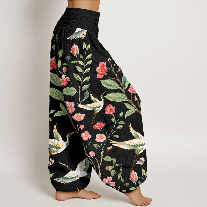 Buddha Stonesカジュアルレッドフラワークレーン柄レディース伸縮性ウエストハーレムパンツ - image 2