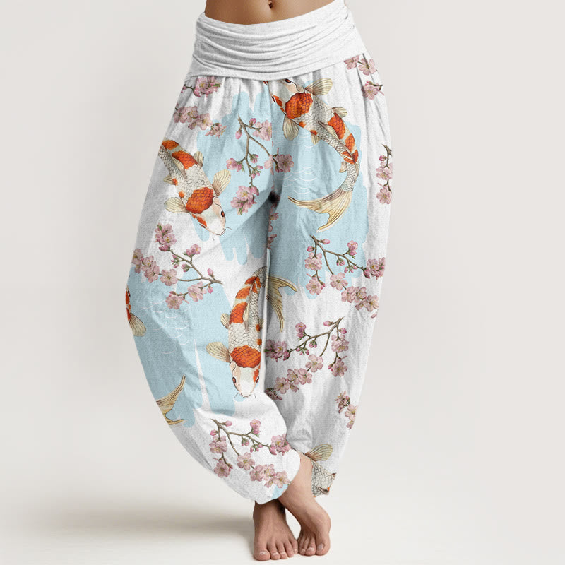 Buddha Stonesカジュアル鯉桜柄 レディース 伸縮性ウエスト ハーレムパンツ - 白 - US22、 UK/AU26、 EU54 (6XL) - image 1