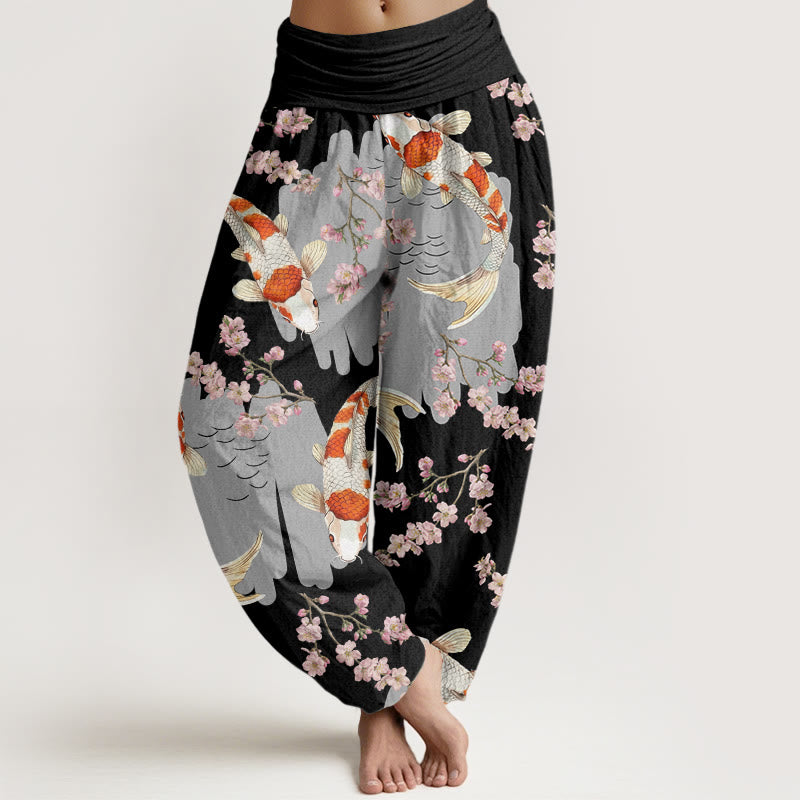 Buddha Stonesカジュアル鯉桜柄 レディース 伸縮性ウエスト ハーレムパンツ - 黒 - US22、 UK/AU26、 EU54 (6XL) - image 5