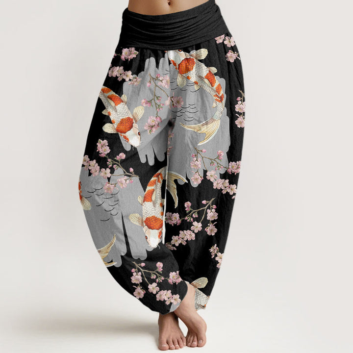 Buddha Stonesカジュアル鯉桜柄 レディース 伸縮性ウエスト ハーレムパンツ - 黒 - US22、 UK/AU26、 EU54 (6XL) - image 5