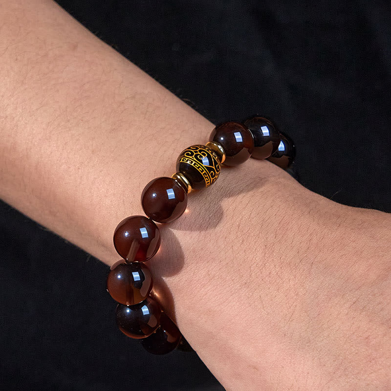 Buddha Stonesアイスオブシディアン 金刻印入りサンスクリット勇気ブレスレット
