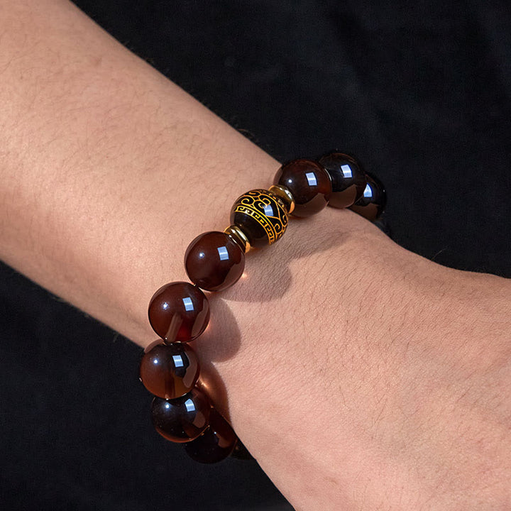 Buddha Stonesアイスオブシディアン 金刻印入りサンスクリット勇気ブレスレット
