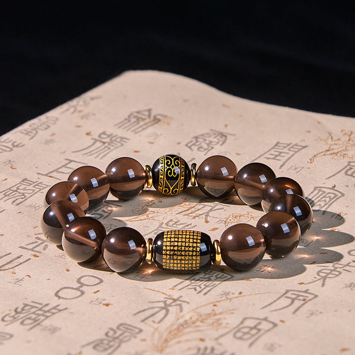 Buddha Stonesアイスオブシディアン 金刻印入りサンスクリット勇気ブレスレット