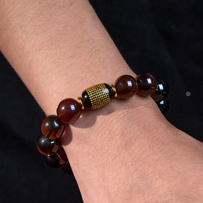 Buddha Stonesアイスオブシディアン 金刻印入りサンスクリット勇気ブレスレット
