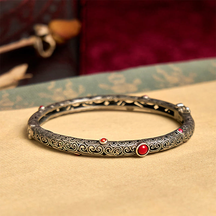 ヴィンテージ唐代の花模様彫刻赤瑪瑙銅製幸運ブレスレットバングル - image 2