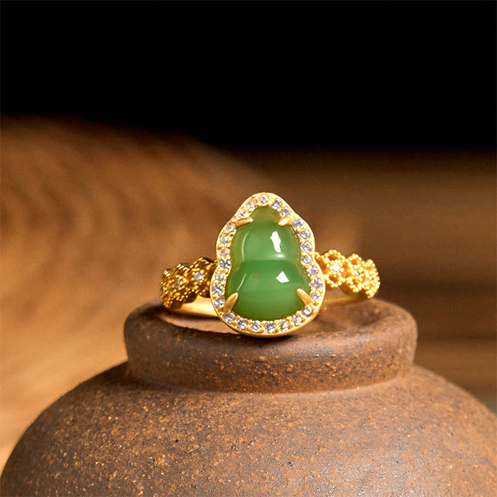 Buddha Stonesヴィンテージ ひょうたん型 グリーンカルセドニー 銅メッキ ゴールド 調節可能 富の指輪
