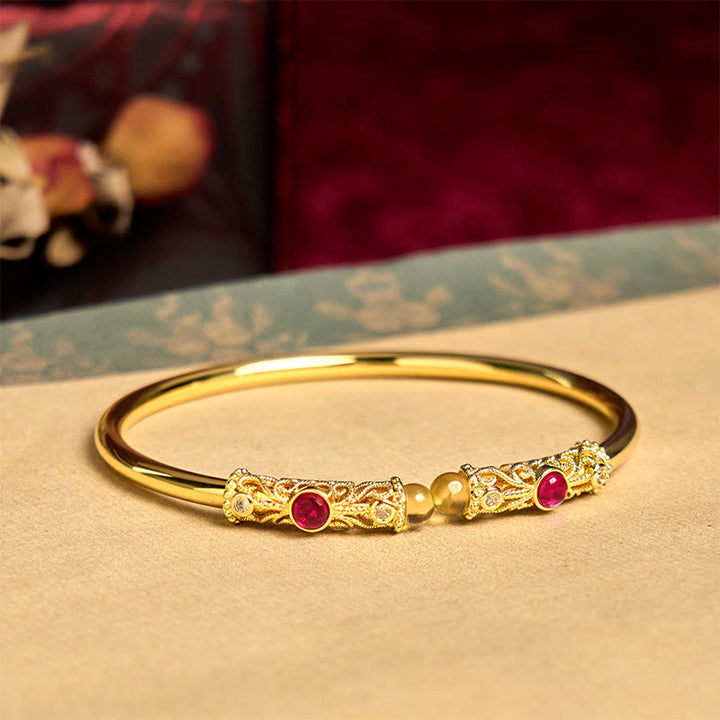 Buddha Stones金色 花柄 レッドジルコン アンバー 銅 幸運 カフ ブレスレット バングル - image 3