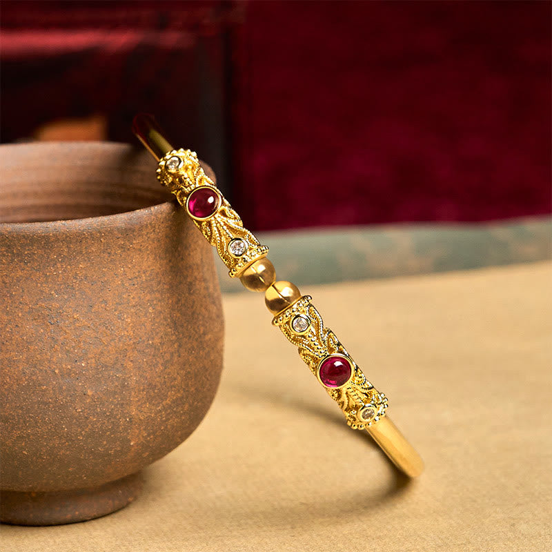 Buddha Stones金色 花柄 レッドジルコン アンバー 銅 幸運 カフ ブレスレット バングル - image 2