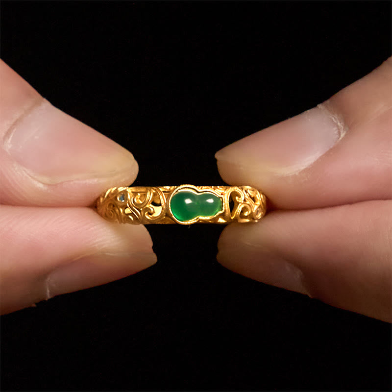 Buddha Stonesヴィンテージひょうたんグリーンカルセドニー銅合金富の指輪 - image 5