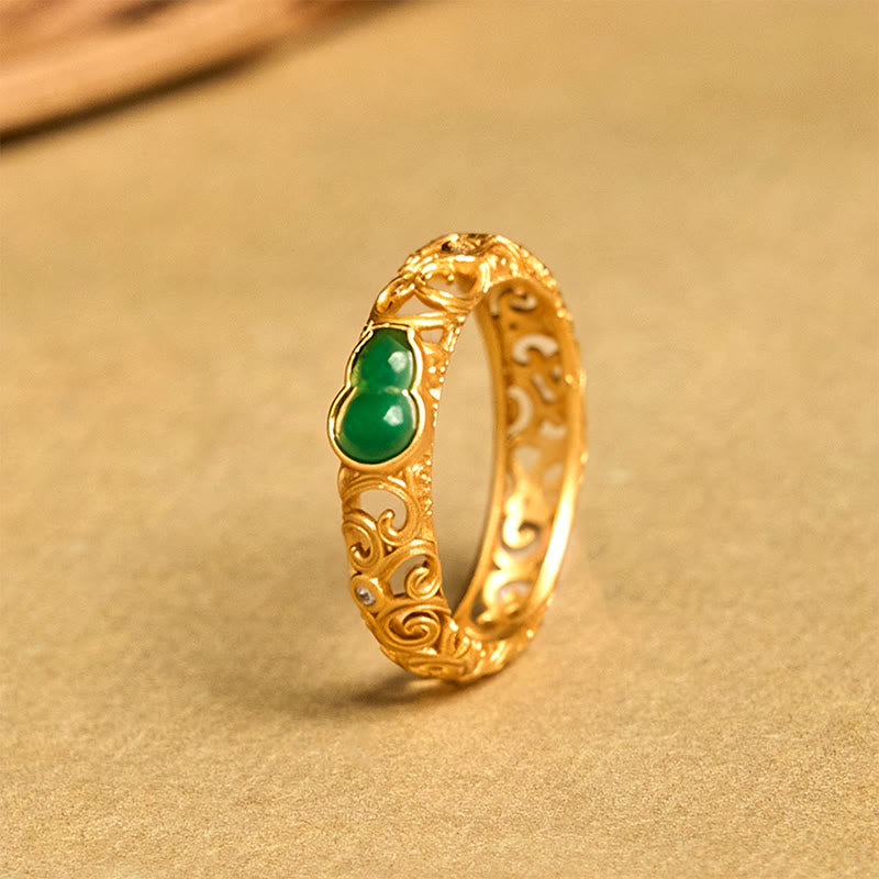 Buddha Stonesヴィンテージひょうたんグリーンカルセドニー銅合金富の指輪 - image 4