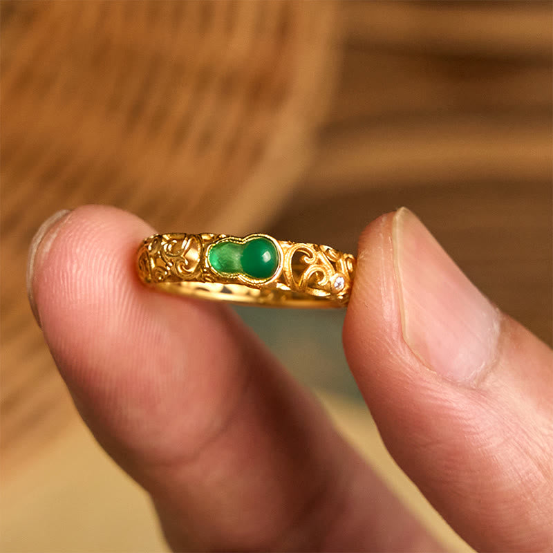 Buddha Stonesヴィンテージひょうたんグリーンカルセドニー銅合金富の指輪 - image 10