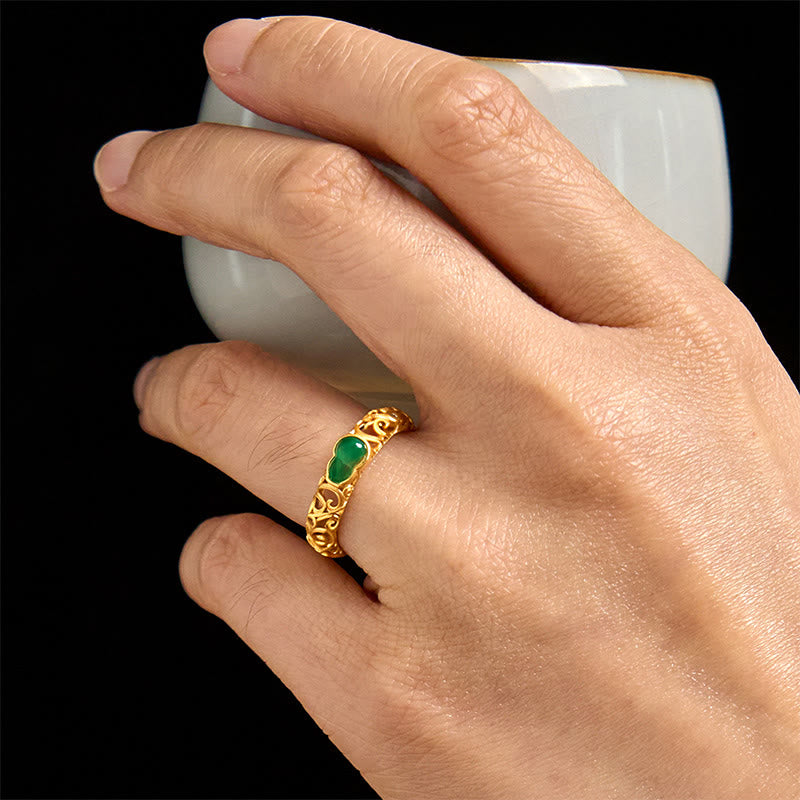 Buddha Stonesヴィンテージひょうたんグリーンカルセドニー銅合金富の指輪 - image 16
