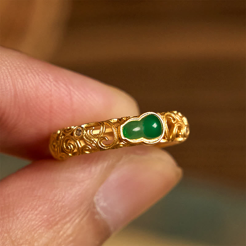 Buddha Stonesヴィンテージひょうたんグリーンカルセドニー銅合金富の指輪 - image 9