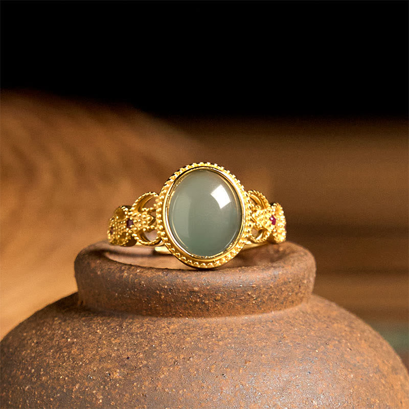 Buddha Stones天然 925 スターリングシルバー ゴールドメッキ 中空デザイン 翡翠 幸運 リング - image 10