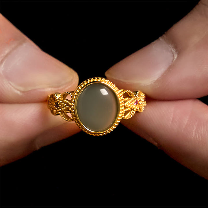 Buddha Stones天然 925 スターリングシルバー ゴールドメッキ 中空デザイン 翡翠 幸運 リング - image 16