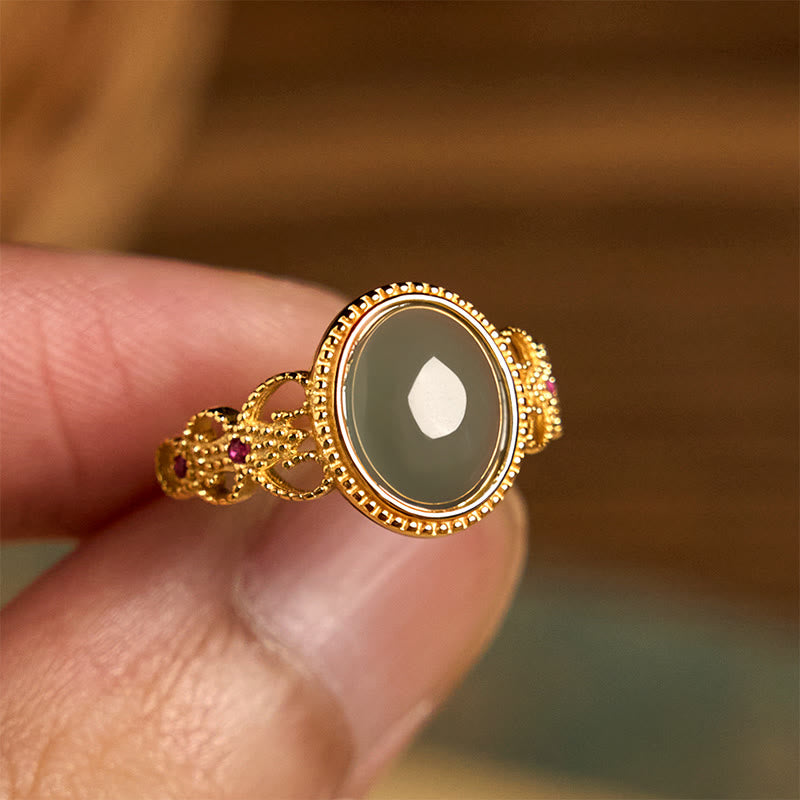 Buddha Stones天然 925 スターリングシルバー ゴールドメッキ 中空デザイン 翡翠 幸運 リング - image 14