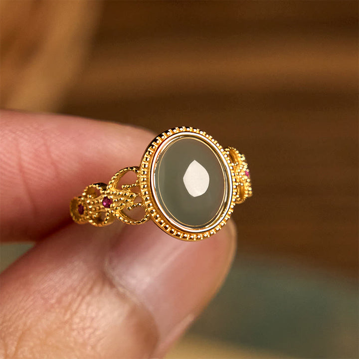 Buddha Stones天然 925 スターリングシルバー ゴールドメッキ 中空デザイン 翡翠 幸運 リング - image 14