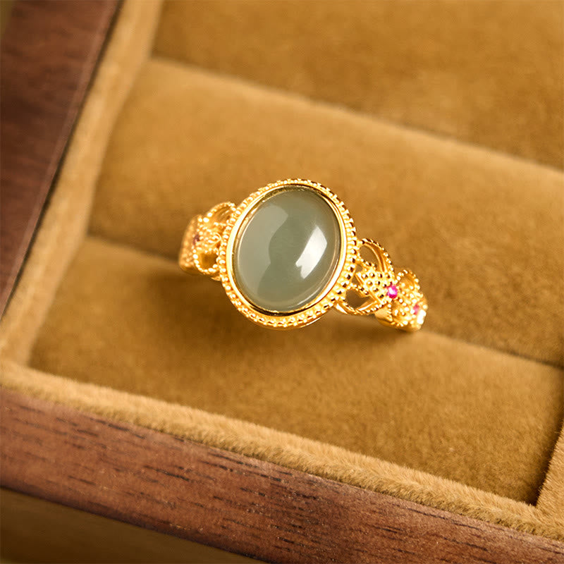 Buddha Stones天然 925 スターリングシルバー ゴールドメッキ 中空デザイン 翡翠 幸運 リング - image 12