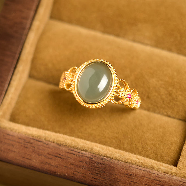 Buddha Stones天然 925 スターリングシルバー ゴールドメッキ 中空デザイン 翡翠 幸運 リング - image 12