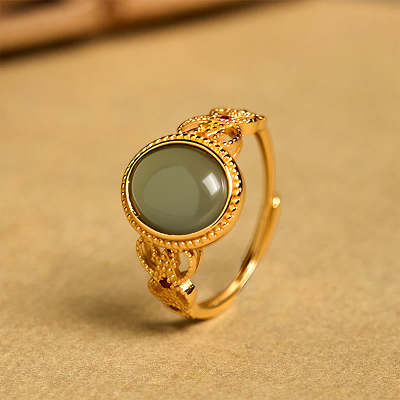 Buddha Stones天然 925 スターリングシルバー ゴールドメッキ 中空デザイン 翡翠 幸運 リング - image 9
