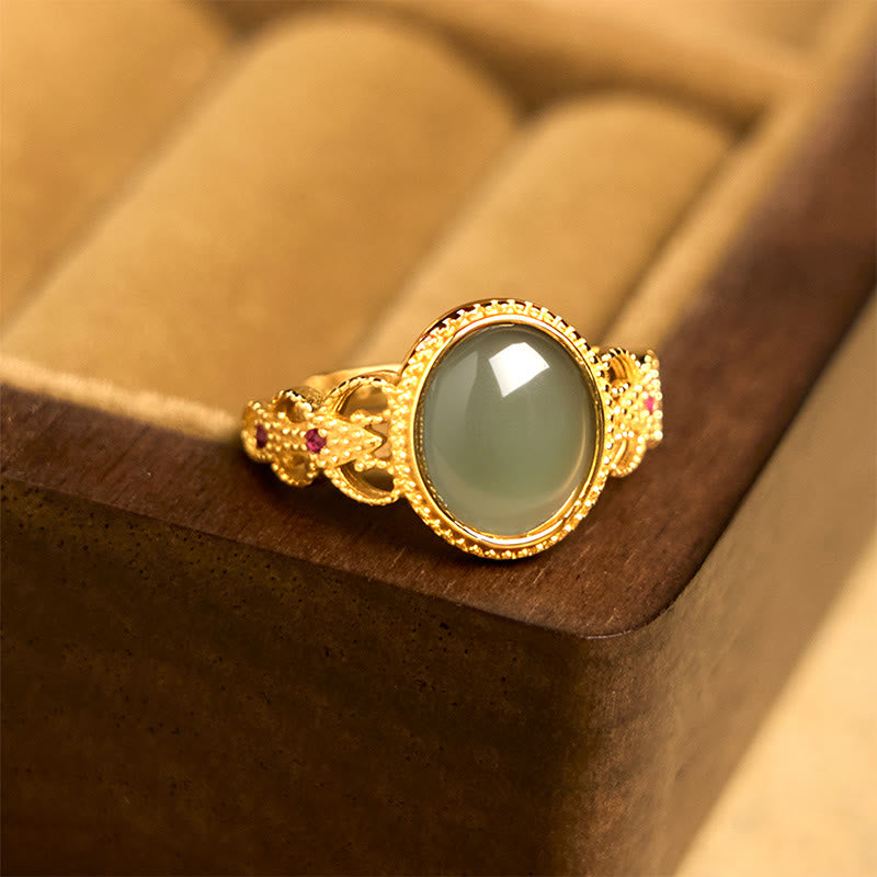 Buddha Stones天然 925 スターリングシルバー ゴールドメッキ 中空デザイン 翡翠 幸運 リング - image 11