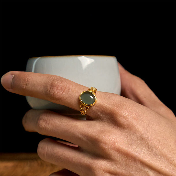 Buddha Stones天然 925 スターリングシルバー ゴールドメッキ 中空デザイン 翡翠 幸運 リング - image 17