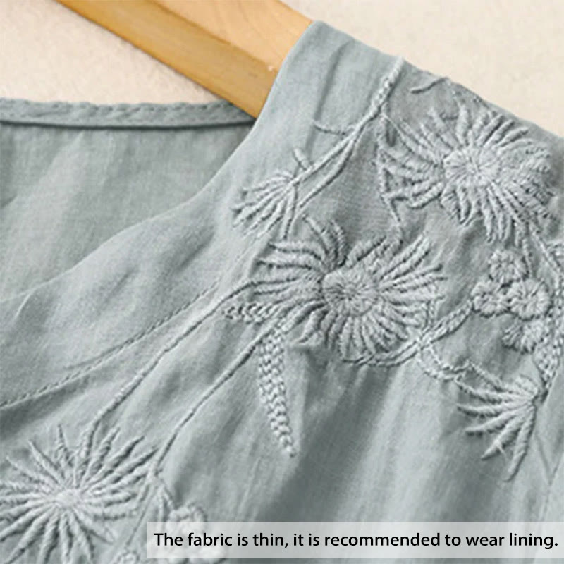 Buddha Stones刺繍フロントボタンデザインレディースコットン七分袖シャツ  - image 1