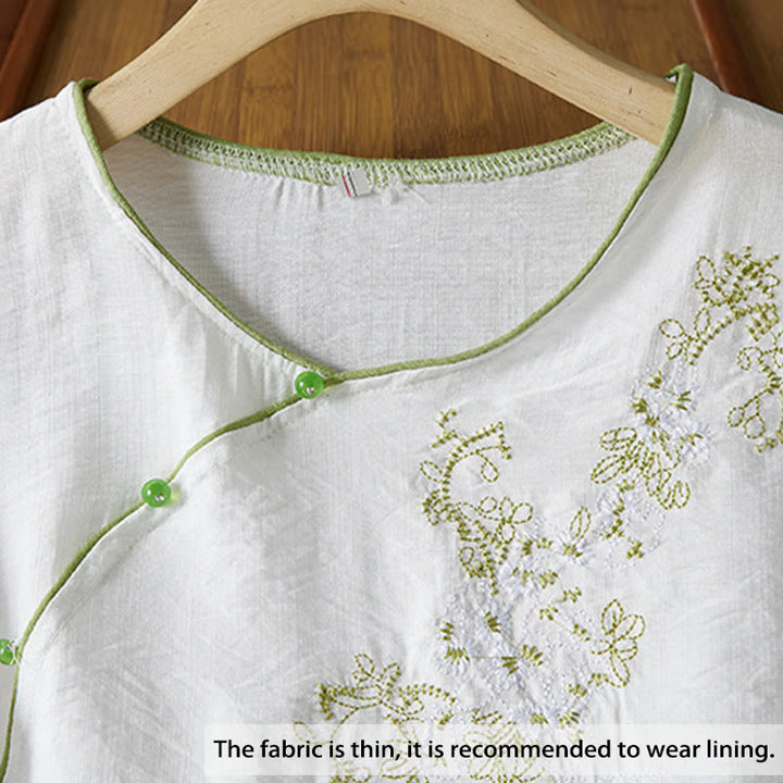 Buddha Stonesカジュアル レディース 花柄 刺繍柄 カエルボタン 斜め襟デザイン 七分袖 コットンリネン シャツ - image 2