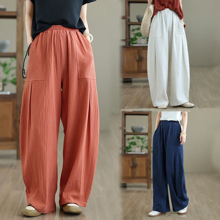 Buddha Stones無地プリーツデザイン アンクル丈 レディース コットンリネン ポケット付きパンツ - image 19