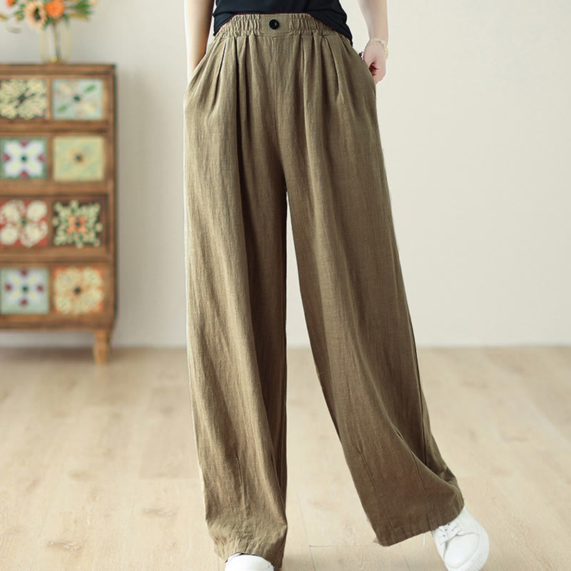 Buddha Stones通勤用ボタンデザイン レディース コットンリネン 伸縮性ウエストバンド ポケット付きパンツ - image 2