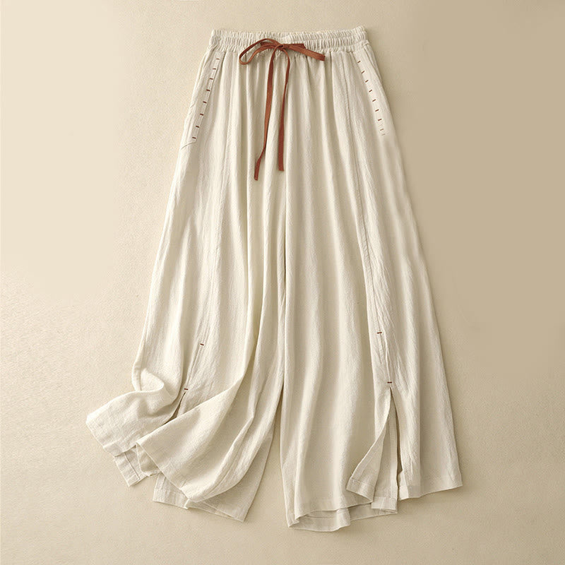 Buddha Stonesカジュアル サイドスリットデザイン コットン レディース ワイドレッグ 7-8丈パンツ ポケット付き - コーンシルク - US8-10，UK/AU12-14，EU40-42 (2XL) - image 4